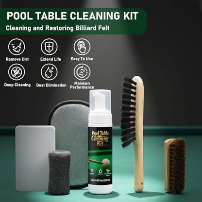 200ml Billiard Tables Cleaner Spray Set, Billiard Felt Cleaner Accessories with 2 Pool Table Brushes, 1 Steel Wire Sponge, 1 Cloth