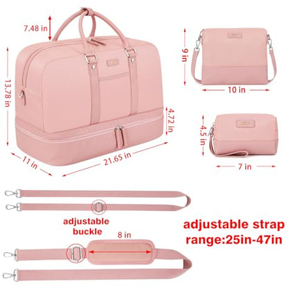 Weekender Bag for Women, Large Overnight Bag Canvas Travel Duffel Bag Carry On Tote with Shoe Compartment 21" 3Pcs Set - color: A15-pink+pink