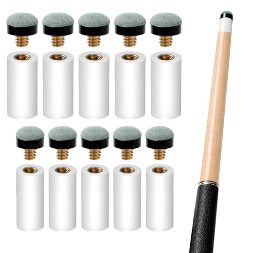 10 Sets Pool Cue Tips Replacement Kit with White Billiard Cue Sleeves and Replacement Cue Tips,Screw on Pool Stick Tips for 12mm/13mm Cues, 5 Pieces Each, No Need Glue or Clamp