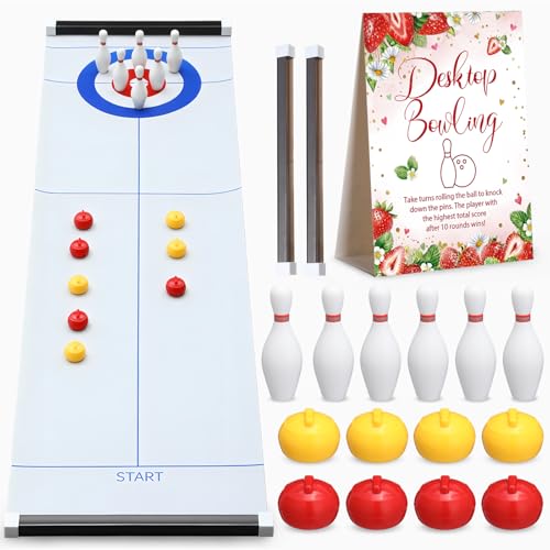 Capoda Tabletop Curling and Bowling Games Baby Shower Game Set Include 8 Curling 6 Bowling 1 Mat 2 Magnetic Strip for Indoor Birthday Bridal Shower Gender Reveal Table Decoration Supplies(Strawberry) - style: Strawberry