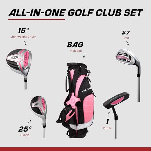 Precise XD-J Kids Golf Clubs Set – Boys’ & Girls’ Junior Golf Set with Lightweight Graphite Shafts, Hybrid, Putter & Stand Bag - color: Pink Ages 3-5, size: Right Hand