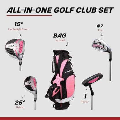 Precise XD-J Kids Golf Clubs Set – Boys’ & Girls’ Junior Golf Set with Lightweight Graphite Shafts, Hybrid, Putter & Stand Bag - color: Pink Ages 3-5, size: Right Hand