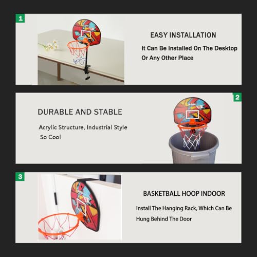 3-in-1 Mini Office Basketball Hoop for Desk, Door & Trash Can,Adjustable Mini Indoor Basketball Hoop with Ball & Pump,Fun Desktop Game and Office Toys,Great Birthday Gift Idea - color: Red 3 in 1