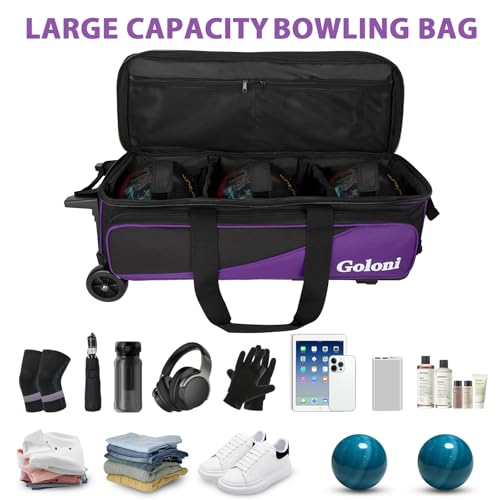 Goloni 3 Ball Bowling Bag with Wheels, Rolling Bowling Roller Bag with Retractable Handle for Balls & Bowling Accessories - color: 3 Ball-Purple