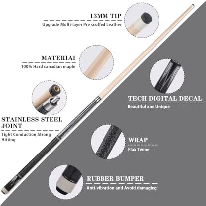 10mm11mm12mm13mm Billiard Pool Cue Stick Set, 20 oz 58 inch Canadian Maple Cue Stick Irish Linen Wrap, Cue Stick for Beginner, Commercial and Home Entertainment - color: 13mm Grey with case