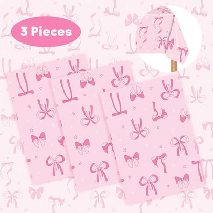 3 Pack Pink Bow Party Tablecloths – 54"x108" Disposable Waterproof Party Table Covers Girls Birthday, Baby Shower, Princess Party Decorations(Pink Bow) - color: Pink Bow Tablecovers