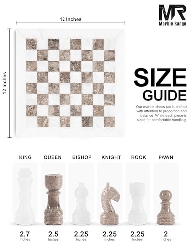 Marble Chess Set 12" Inches White and Oceanic with Storage Box and 2 Extra Queen Handmade Luxury Board Games for Adults, Ideal Chess Board Game & Marble Chess Set for Adults - color: White & Oceanic