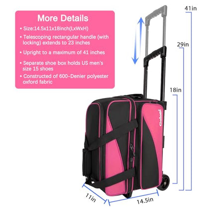 Goloni 3 Ball Bowling Bag with Wheels, 2+1 Double Roller Bowling Bag with Shoe Compartment,Tote Bag for Bowling Accessories - color: 2 Ball-Pink