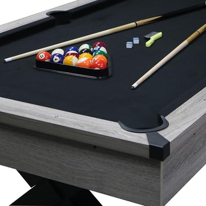 84" Professional Pool Table Set with X-Base - with 2 Cues, Billiard Balls, Chalk, X-Legs, Brush & Triangle Rack - Premium Black Felt, Heavy-Duty Rustic Grey Wood for Game Room/Man Cave