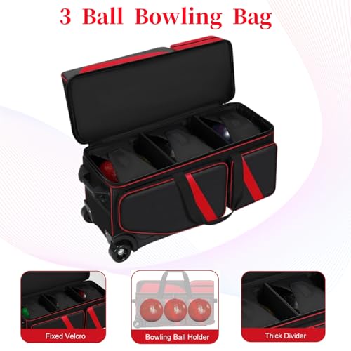 3 Ball Bowling Bags With Wheels,Bowling Bags 3 Ball Roller With Shoes Compartment And Multiple Pockets,3 Ball Bowling Bag has Retractable Handle Extends to 41.5 in - color: red