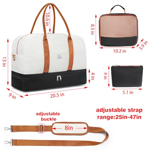Weekender Bag for Women, Large Overnight Bag Canvas Travel Duffel Bag Carry On Tote with Shoe Compartment 21" 3Pcs Set - color: D03-beige