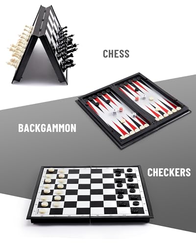 KAILE 10" Magnetic Chess Sets for Kids & Adults - 3 in 1 Travel Chess Checkers Backgammon Set with Folding Case - Portable Elastic Bag - size: 10"
