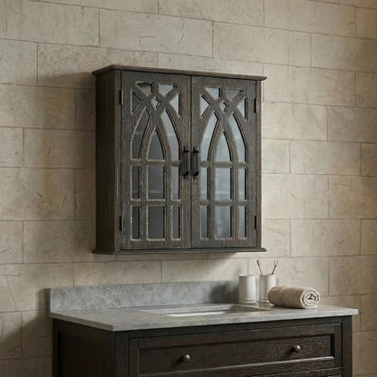 LKTART Solid Wood Wall Mounted Bathroom Cabinet,Hanging Kitchen Cabinet | Farmhouse Wall Mounted Wood Storage Cabinet;Window Pane Glass Door;Adjustable Shelves;Kitchen;Bathroom;Dining Room - color: Antique Black