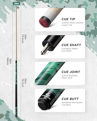 Pool Cue Stick Set of 2, 58-inch Green Billiard Cue with 12.5mm Leather Tip, 18 Joints & Black Ferrules for Professional Play, Green 21oz and Pink 18oz