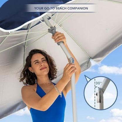 AMMSUN 7ft Beach Umbrella with Sand Anchor Sand Screw, Tilt, Windproof, Sun Protection,UPF 50+ Silver Coating Inside and Telescoping Pole for Outdoor Patio (Solid Navy) - color: Solid Navy