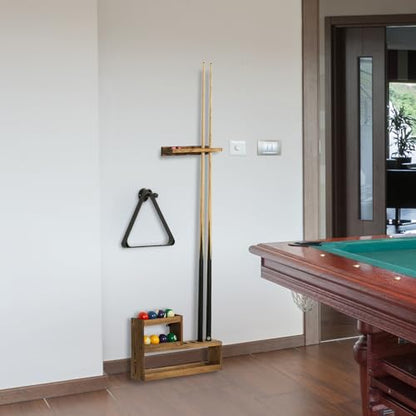 MyGift Pool Cue Rack Set, Rustic Burnt Solid Wood Billiards Cue Stand Wall Mount Holder, Ball Storage with Industrial Pipe Triangle Rack Hanging Hook