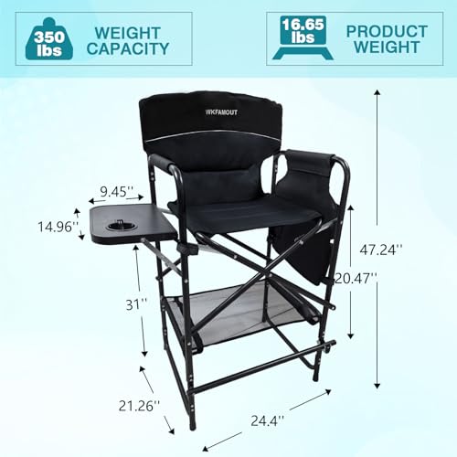 Tall Folding Director Chair 30.7" Seat Height Foldable Bar Stool for Makeup Artist Face Painting with Side Table Carry Bag and Cosmetic Bag Supports 350LBS - color: Black-padded
