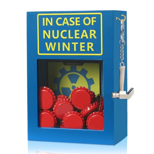 Nuclear Winter Bottle Cap Stash Box, 30 Red Caps Gag Gifts for Men | Post Apocalyptic Caps Saving Piggy Bank w/ Mini Hammer & Letter, Retro Blue Yellow Wood Decor for Wasteland Game Fans Adults - style: Nuclear Winter Emergency Box