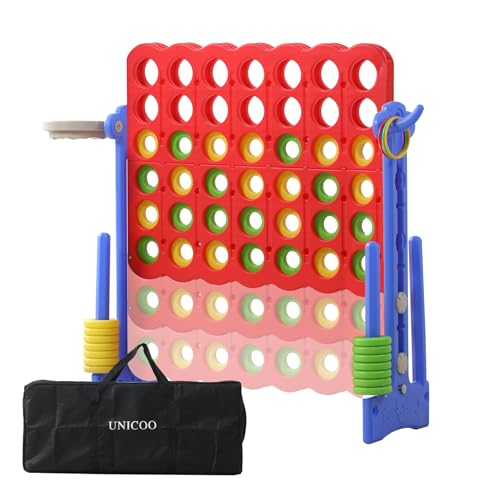 UNICOO Jumbo 4-in-a-Row Game Set, Height Adjustable Indoor Outdoor Yard Game with Basketball Hoop, Ring Toss & Carrying Bag, Family Party Lawn Game for Kids and Adults - color: Red & Blue