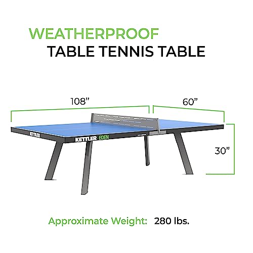 KETTLER Eden Weatherproof Stationary Outdoor Table Tennis Table with Galvanized Steel Legs and Permanent Net and Post System