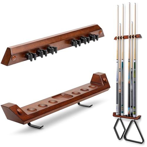 GoSports Wall Mounted Pool Cue Stick Holder - Holds 6 Cues and 2 Triangle Racks - Multiple Colors Available - style: Brown
