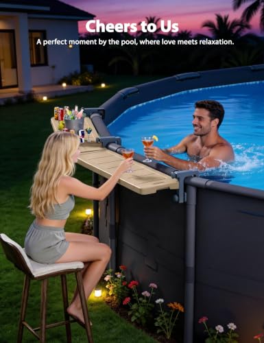 POOLHACKER Poolside Bar Extended, [Original] Swim Up Bar Exclusively for Above-Ground Round Pools. Patio Poolside Table Smart Fold Easy Maintenance, Weather Resistant Stable Tabletop - color: Light Brown