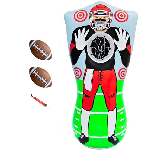 Preferred Toys 65” Inflatable Football Target Net Toss Game - Double-Sided Throwing Practice Football Stuff with Mini Balls - Backyard Tailgate Party Sports Toy for Kids & Adults - color: Red/Blue