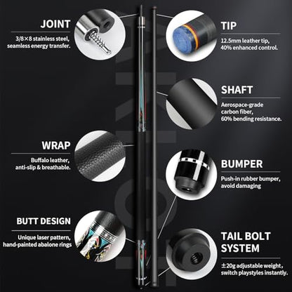 AKLOT Carbon Fiber Pool Cue Stick 58", Billiard Cue Sticks 19-19.5oz, Low Deflection Billiard Stick with 12.5mm Tip, Professional Carbon Fiber Pool Sticks for Adults - color: Emerald Flash