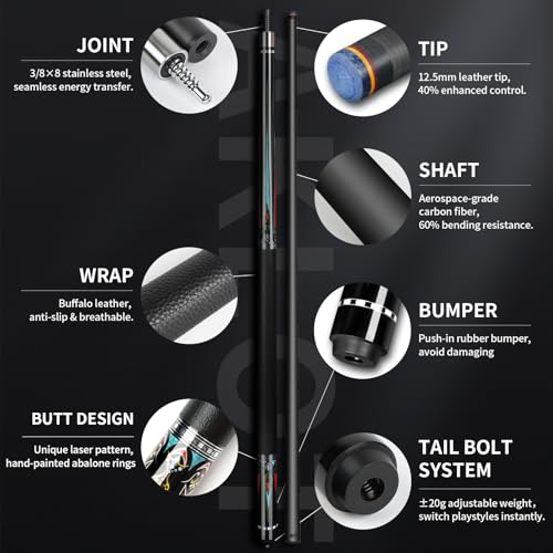 AKLOT Carbon Fiber Pool Cue Stick 58", Billiard Cue Sticks 19-19.5oz, Low Deflection Billiard Stick with 12.5mm Tip, Professional Carbon Fiber Pool Sticks for Adults - color: Black-patten2