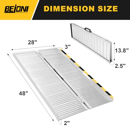 BEJONI 4FT Portable Wheelchair Ramp with Handle, 28'' Wide, Sliver | Aluminum Folding Handicap Ramp, 600 Lbs Capacity Non-Skid Wheelchairs for Home Steps, Thresholds, Doorways, Front Porch - size: 4FT x 28'' W