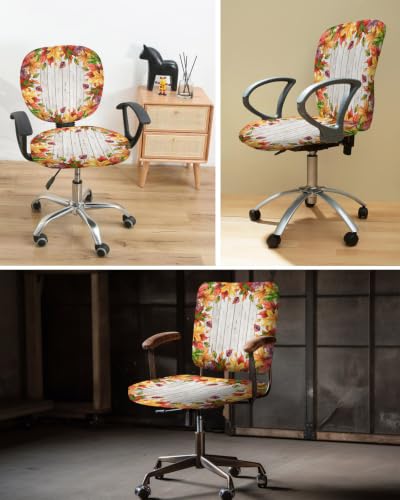 Savannan Office Chair Cover, Thanksgiving Fall Orange Maple Leaf Watercolor Protective Stretch Elastic Universal Cover for Desk Task Chair,Computer Rotating Chair 1 Pcs Farm Wood Board