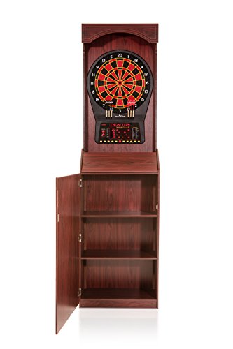 Arachnid Freestanding Cabinet Set: Includes Cricket Pro 800 regulation board in a stylish cabinet with shelves. Offers 40 games, 8-player LED scoring, tri-color Cricket, and 6 darts
