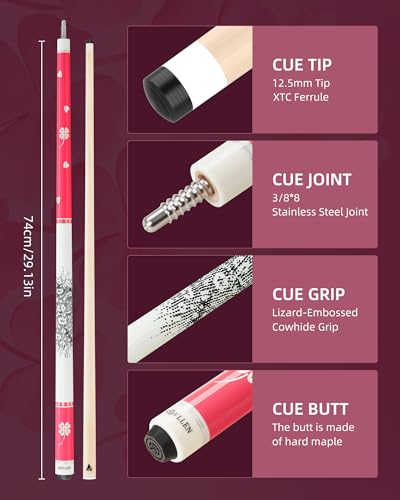 KONLLEN Pool Cue Stick Low Deflection Billiards Cue Stick Young Fashionable 58" Professional Pool Table Sticks Gifts for Adults -12.5mm Tip, 3/8 * 8Joint, Weight 19OZ - color: KL-Pink-12.5mm Set