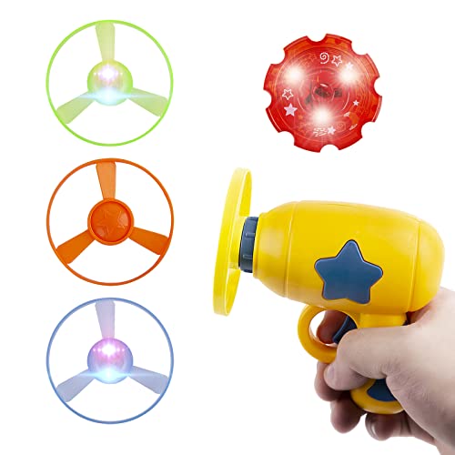 Berry President Flying Saucer Toy, Flying Disc Launch Playset with Rotating Flash Light, Indoor Outdoor Twist Shoot Toy for Kids Aged 3 Years Old & Up (Yellow) - color: Yellow