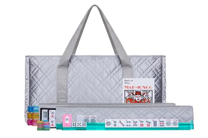 American Mahjong Set – Complete Set with Quilted PU Leather Carrying Bag, Tile Racks with Pushers, 166 Engraved Tiles, Dice, Bettor, and Instructions (PU Silver) - color: Pu Silver