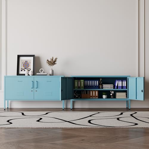 Blue Metal Accent Cabinet Locker with Lock, 2-Door Wide Storage Cabinet, Adjustable Shelves, Multifunctional TV Stand & Entertainment Center for Bedroom, Living Room - color: Ocean, style: TV stand-24"H-LK