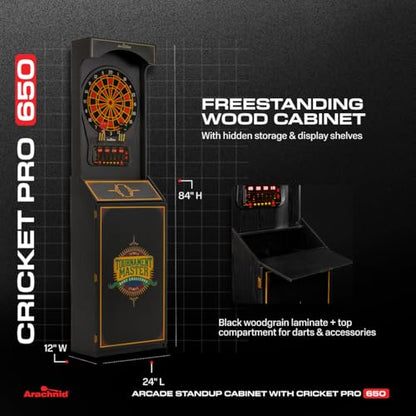 Arachnid Cricket Pro 650 Standing Electronic Dartboard with 24 Games, 132 Variations, and 6 Soft-Tip Darts Included, Brown,E650FS-BK3