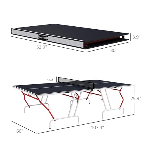 GOWE Full Size Ping Pong Table, Folds into Quarters, Portable Table Tennis Table with Net, Paddles, Balls, MDF, Charcoal Gray