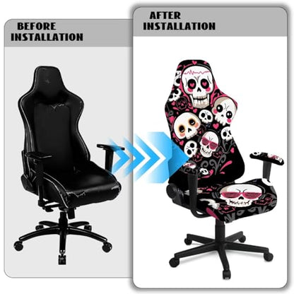 Skull Print Gaming Chair Covers with Armrest Covers Dust-Proof Universal Fit Gamer Desk Chair Cover for Ergonomic Game Rotating Office Chairs, Easy to Install - color: Black and White - Skull