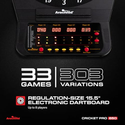 Arachnid Cricket Pro Tournament-Quality Electronic Dartboard up to 40 Games and 315 Variations (Including Popular Cricket Modes) - style: Pro 650