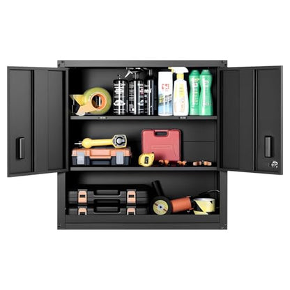 VEVOR Metal Wall Cabinet, 30W x 12.01D x 30H Inch, Steel Floating Hanging Storage Cabinet with Locking Doors and Adjustable Shelf for Garage, Basement, Kitchen, Warehouse Assembly Required, Black - style: Foldable 30" Open Grid