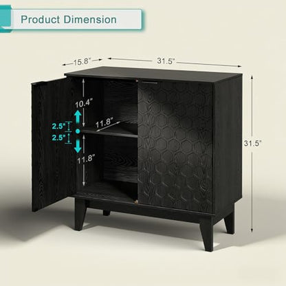 Black Sideboard Cabinet with LED Lights, 2-Door Accent Storage Cabinet with Hexagon Embossed Door, Freestanding Buffet Cabinet for Living Room, Kitchen, Entryway, 31.5" x 15.8" x 31.5"