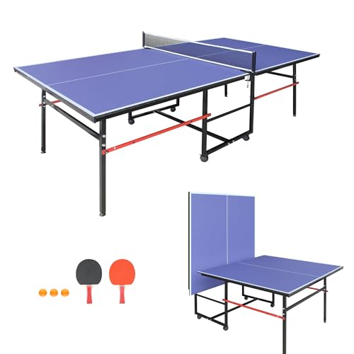 9FT/8FT Table Tennis Game Set, Professional Indoor/Outdoor Foldable Ping Pong Table with Waterproof Net for Adults/Teens,2 Paddles and 3 Balls- Single Player Playback Mode -Quick Assembly