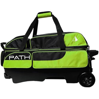 Pyramid Path Triple Premium Deluxe Roller Bowling Bag With Extra Large Separate Shoe Compartment (Up To US Mens Size 16) and 5 Accessory Pockets, 5" Wheels, Retractable Locking Handle - Extends to 42" - color: Black/Lime Green