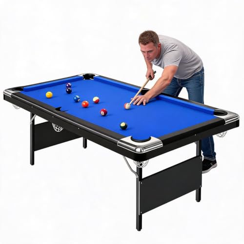 Space-Saving Collapsible Billiards Table – 7FT Portable Pool & Snooker Table for Home Game Room, Basement, Garage, Outdoor – Sturdy Steel Frame, Pre-Assembled, Full Accessories Set – 7FT - color: Blue