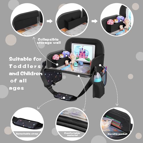 MENZOKE Kids Travel Tray, Road Trip Activities for Kids with Dry Erase Board & Cooler Cup Holder, Toddler Car Activities with No-Drop iPad Holder Stand, Roadtrip Essentials for Toddlers, Black - color: Black Astronaut