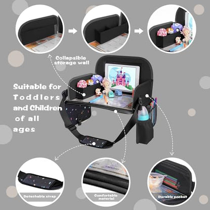 MENZOKE Kids Travel Tray, Road Trip Activities for Kids with Dry Erase Board & Cooler Cup Holder, Toddler Car Activities with No-Drop iPad Holder Stand, Roadtrip Essentials for Toddlers, Black - color: Black Astronaut
