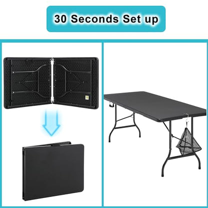 VECELO 6 ft Picini Table with Thickened Top | Removable Mesh Bag | Strong Side Support, 500lbs Weight Capacity Folding Table, Indoor & Outdoor, with Carrying Handle,Black - color: Black