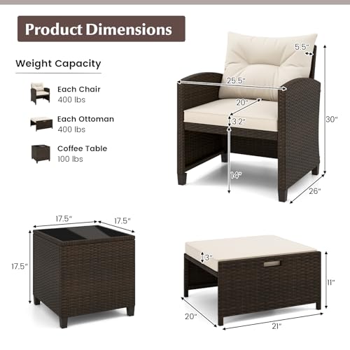 Tangkula 5 Pieces Patio Conversation Set, PE Wicker Outdoor Furniture Set with 2 Chairs, 2 Ottomans & Tempered Glass Coffee Table, Ideal for Poolside, Backyard, Lawn, Deck, Mix Brown & Off White - color: Mix Brown & Off White