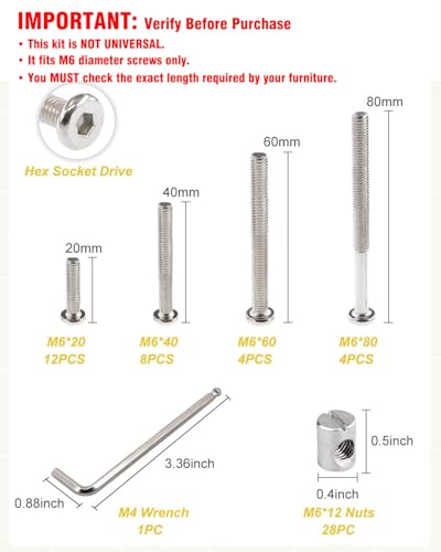 Crib Screws Bolts Hardware Replacement Kit, 28 Set M6x20/40/60/80mm Hex Bolts & M6x12mm Barrel Nuts with Wrench - Verify Size Compatibility Before Purchase - size: Silver-28 Set